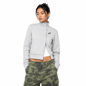 OEM ODM Women's Light Gray Cropped Zip <b>Jacket</b> Cotton Fleece Asymmetric Design Stand Collar Casual Outerwear Hoodies Custom Logo - Product Image 1