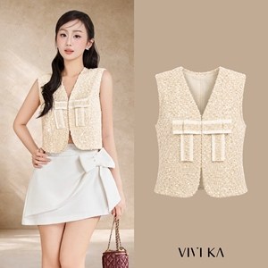Gilet en tweed <span class=keywords><strong>crème</strong></span> à paillettes pour femme, sans manches, col en V, court, féminin, avec détail ruban, décontracté, pour fête, Noël, <span class=keywords><strong>NAOMI</strong></span> - Product Image 1