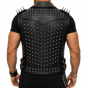 Gilet de motard pour homme en cuir véritable 100% |   Gilet de moto punk clouté avec col à revers à pointes, plusieurs poches zippées - Product Image 4