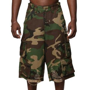 Distressed Denim Breathable Eco-Friendly Button Cargo Shorts <b>Men</b> Baggy Fit Long Jorts Multi Pockets Design Street Trend Casual - Product Image 1