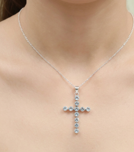 Collar con Colgante de Cruz de Topacio Azul en Plata de Ley 925, Chapado en Oro Amarillo y Oro Rosa, Joyería Cristiana con Piedra de Nacimiento, Regalo para Mujer - Product Image 2