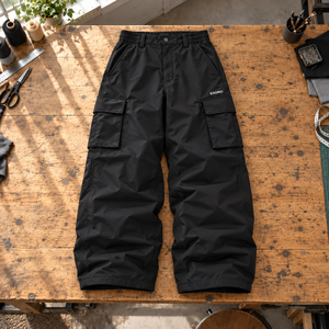 Ensemble veste et pantalon de ski entièrement personnalisable, gris, à capuche, pantalon cargo noir à jambes larges, léger, anti-UV, logo personnalisé - Product Image 5