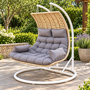 Outdoor Rattan <b>Hanging</b> <b>Chair</b> With Gray Cushions Contemporary Patio Swing For 1 Person - Product Image 4