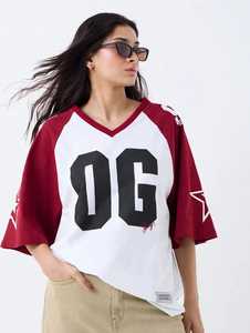 Camiseta de Algodón Transpirable para Mujer, Color Granate y Blanco, Manga Raglán, Cuello en V, Estampado con Transferencia Térmica, Talla Grande - Product Image 1