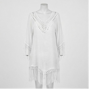 White Crocheted V-Neck Tassel Beach Dress Women Breathable Handmade Solid Hollow Out <b>Boho</b> Style Cover Up - Product Image 1