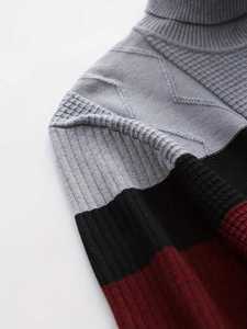 Pull col roulé pour homme, color block, décontracté, en tricot texturé Argyle, coupe ajustée, rayé, chaud pour l'hiver - Product Image 3