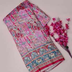 ผ้าแจ็คการ์ดเนื้อนุ่มสีชมพูอ่อน ยี่ห้อ AMBICA PRINT ผ้าฝ้ายโบรเคดลายมูฮัล ช้าง นกยูง ขนาด 54/55 นิ้ว - Product Image 3