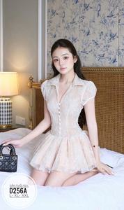 Robe décontractée pour femme en tissu tissé uni, col carré, style doux pour soirée, mini-robe en dentelle, coupe trapèze, manches bouffantes, ajustée à la taille naturelle - Product Image 2