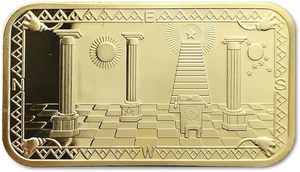 Pièce de monnaie maçonnique rectangulaire plaquée or .999 Fine avec motif des Piliers Foi Espoir Amitié, objet de collection artistique - Product Image 2
