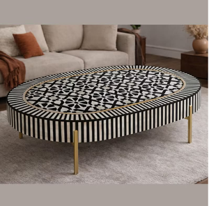 Table basse ronde beige et blanche avec incrustation florale en os sur le dessus et détails verticaux sur la base. En gros. - Product Image 5