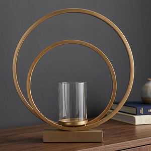 Gold Brass <b>Candle</b> Stand With Dual Rings And Glass Holder For Home Decoration - Product Image 1