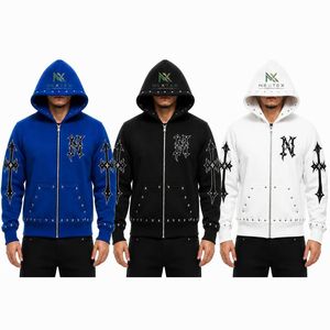 Custom Men <b>Gothic</b> Cross Studded Zipper <b>Hoodie</b> Winter Streetwear Hip Hop Oversized Fleece Jacket Casual Hooded Sweatshirt - Product Image 6