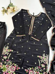 Black Embroidered Indian Pakistani Clothing Set Long Sleeve Tunica <b>Palazzo</b> <b>Pants</b> Shawl Floral Border Wear - Product Image 6