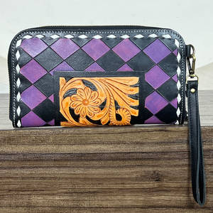 Premium Rustic Hand Tooled Genuine Leather Checkered Pattern <b>Clutches</b> Purse Zipper With Luxury Flower Design Women's Daily Use - Product Image 2
