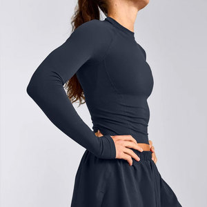 Seamless Crop Top Shirt Women <b>Thumb</b> Hole <b>Cuff</b> Compression High Collar Design Custom Blank Logo Athletic Sportswear Yoga Top - Product Image 3