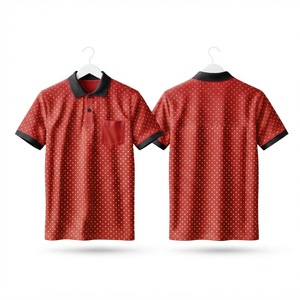 เสื้อโปโลผู้ชายสีแดงลายจุดแบบสั่งทำพิเศษ มีกระเป๋า ขอบสีดำเรียบหรู แขนสั้น ผ้าฝ้ายลำลอง เสื้อกอล์ฟ เสื้อฤดูร้อน - Product Image 1