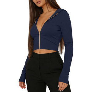 <b>Women's</b> <b>Navy</b> Blue Hooded Zip-Up Cropped Sweater Long Sleeve Knitted Solid Color Autumn Wear Breathable Full Length Sleeves - Product Image 5