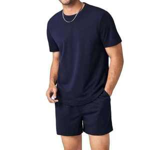 Five B Men's Navy Blue Crew Neck T-Shirt And Shorts <b>Set</b> Quick Dry <b>Knitted</b> Solid Color Casual Summer Wear Plus Size 2026 - Product Image 5