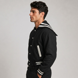 Men's Green Varsity <b>Jacket</b> With <b>Sailor</b> Collar And White Stripes Preppy Style Regular Fit Autumn Wear - Product Image 6