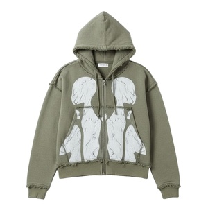 Olive Green <b>Zip</b>-Up <b>Hoodie</b> Abstract Print Oversized Fit Unisex Casual Knitted Sweatshirt Front Logo Design Winter 100% Cotton - Product Image 1