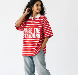 <b>Women's</b> Striped Polo <b>Shirt</b> Oversized Drop Shoulder 100% Cotton Breathable Short Sleeve Polo Tee Button Down Printing Polo <b>Shirts</b> - Product Image 6