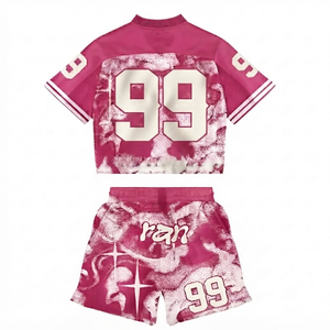 DROGEN EXPORT Vintage Heavyweight Breathable Heat-Transfer Printed 100% Polyester <b>Men's</b> <b>Pink</b> Shirt <b>Shorts</b> Set Streetwear Graphic - Product Image 2