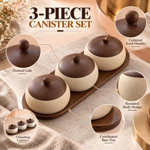 Juego de tres piezas de recipientes redondos de cerámica color crema con tapas abovedadas marrones, asas y bandeja de servir de madera. |   Organizador de encimera - Product Image 5