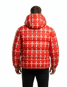 Chaqueta acolchada con capucha y estampado de Cruz Roja para hombre, abrigo de burbujas cálido de invierno, ropa de calle de moda, prendas de abrigo personalizadas al por mayor - Product Image 5