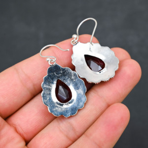 Customised <b>Red</b> Garnet LAB-CREATED 925 Sterling Silver <b>Earrings</b> 1.9" Handmade Gemstone Jewelry Antique Fine <b>Earring</b> Gift for Wome - Product Image 3