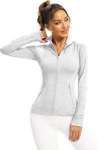 Chaqueta Deportiva Gris Claro para Mujer, Manga Larga, con Cierre, Transpirable, de Spandex y Poliéster, Color Sólido, Corte Casual con Bolsillos - Product Image 1