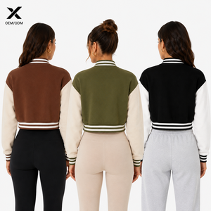 Chaqueta Varsity Corta para Mujer, Manga Larga, Cuello Camisero, Color en Contraste, Forro Polar, Ropa de Otoño, Suave y Cómoda, Estilo Urbano - Product Image 2