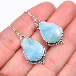 Boucles d'oreilles pendantes en larimar, argent sterling 925, pierre précieuse en forme de poire, bijoux faits à la main, cadeau de luxe pour femmes - Product Image 1