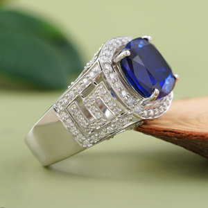 14K Yellow Gold Cushion Cut Blue <b>CZ</b> Sapphire <b>Ring</b> Pave Halo Lab Grown Diamond Side Stones Wide Band Luxury Statement Cocktail - Product Image 4