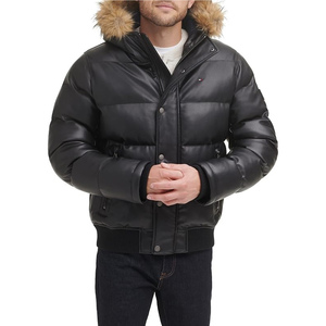 <b>Men's</b> Black PU Hooded Puffer Jacket With <b>Fur</b> Collar Windproof Down Filled Casual Winter <b>Coat</b> Regular Fit Zipper Closure - Product Image 4