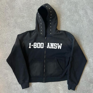Sudadera con Capucha Personalizada con Estampado, Algodón Grueso de 400 g/m², Lavado Ácido, Efecto Desteñido por el Sol, Pedrería, Corte Recto, Cierre de Cremallera - Product Image 4