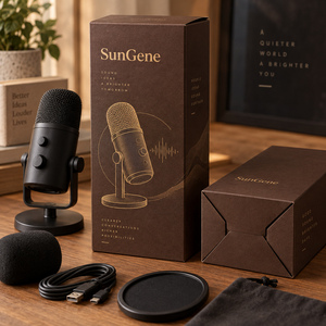 Carton pliable à fond auto-scellant SunGene pour kit de microphone de bureau en Cacao et Or antique - Product Image 1