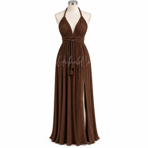 Robe longue plissée à col halter pour femme avec taille ajustable et fente latérale |   Robe de soirée élégante de style bohème pour femmes, tenue de soirée formelle - Product Image 1