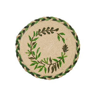 Ensemble de sets de table en jute naturelle tressée faits à la main, imprimé botanique vert, chemin de table ovale, sets de table ronds, vente en gros - Product Image 1