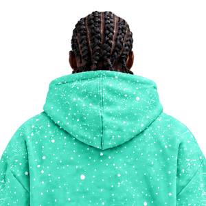 Sweat-shirt à capuche surdimensionné pour homme en molleton épais à imprimé turquoise moucheté, style streetwear, avec poche kangourou et cordon de serrage - Product Image 4