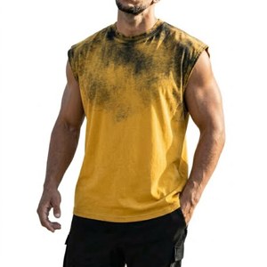 Men's Sleeveless Dip Dye Tank <b>Top</b> O-Neck Cotton Muscle Tee Casual Breathable Yellow Black Print Knitted Style - Product Image 1