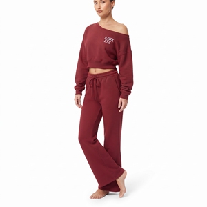 Women Cropped Hoodie Slouchy Style Full Sleeve Ribbed Cuff Custom Embroidered Logo <b>Wide</b> <b>Leg</b> <b>Jogger</b> Two Piece Set - Product Image 6