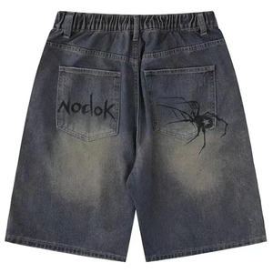 Pantalones Cortos de Mezclilla de Cintura Alta para Hombre, Corte Recto, Estampado de Telaraña, Algodón Lavado, Estilo Casual de Verano - Product Image 2