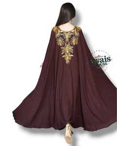 Awais House Women's Maroon Embroidered Beaded Embroidery Polyester <b>Chiffon</b> A-Line Natural Waist Floor-Length Modest V-neck Dress - Product Image 4