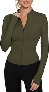 Women's Olive Green Full Sleeve <b>Zipper</b> Front Yoga <b>Top</b> Stand Collar Breathable Polyester Spandex Solid Color Skinny Fit Pockets - Product Image 3