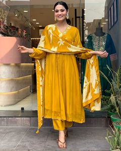 Latest Women's Mustard Chinon Silk Embroidery Kurti with Viscose Chanderi <b>Pant</b> With Chinon <b>Lineing</b> Dupatta Sets - Product Image 3