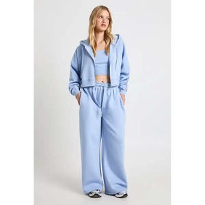 Conjuntos al por mayor para mujer, personalizados, 100% algodón, sudadera con capucha de manga larga y cremallera completa, pantalones anchos con cordón, corte holgado, fabricación OEM - Product Image 5