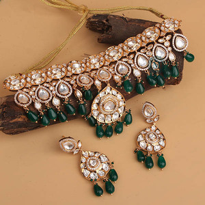 Krisha Green Polki Pearl Choker Set-Gold Plated Fine Bridal Jewelry - Product Image 1