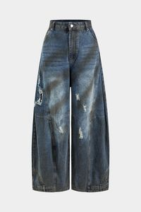 Pantalon en jean déchiré taille haute ample pour homme, grande taille, coupe décontractée, en coton, avec braguette boutonnée, style déchiré - Product Image 4