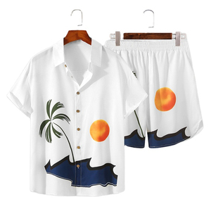 Conjunto de Camisa Hawaiana y Pantalones Cortos Casuales de Verano para Hombre, Estampado de Palmeras Blancas, Poliéster Transpirable, 2 Piezas - Product Image 1