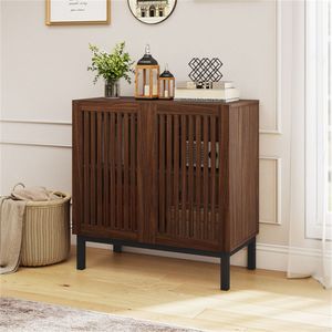32" Farmhouse Buffet <b>Sideboard</b> Cabinet with 2 Doors Solid Wood Storage in <b>Walnut</b> & Black - Product Image 4